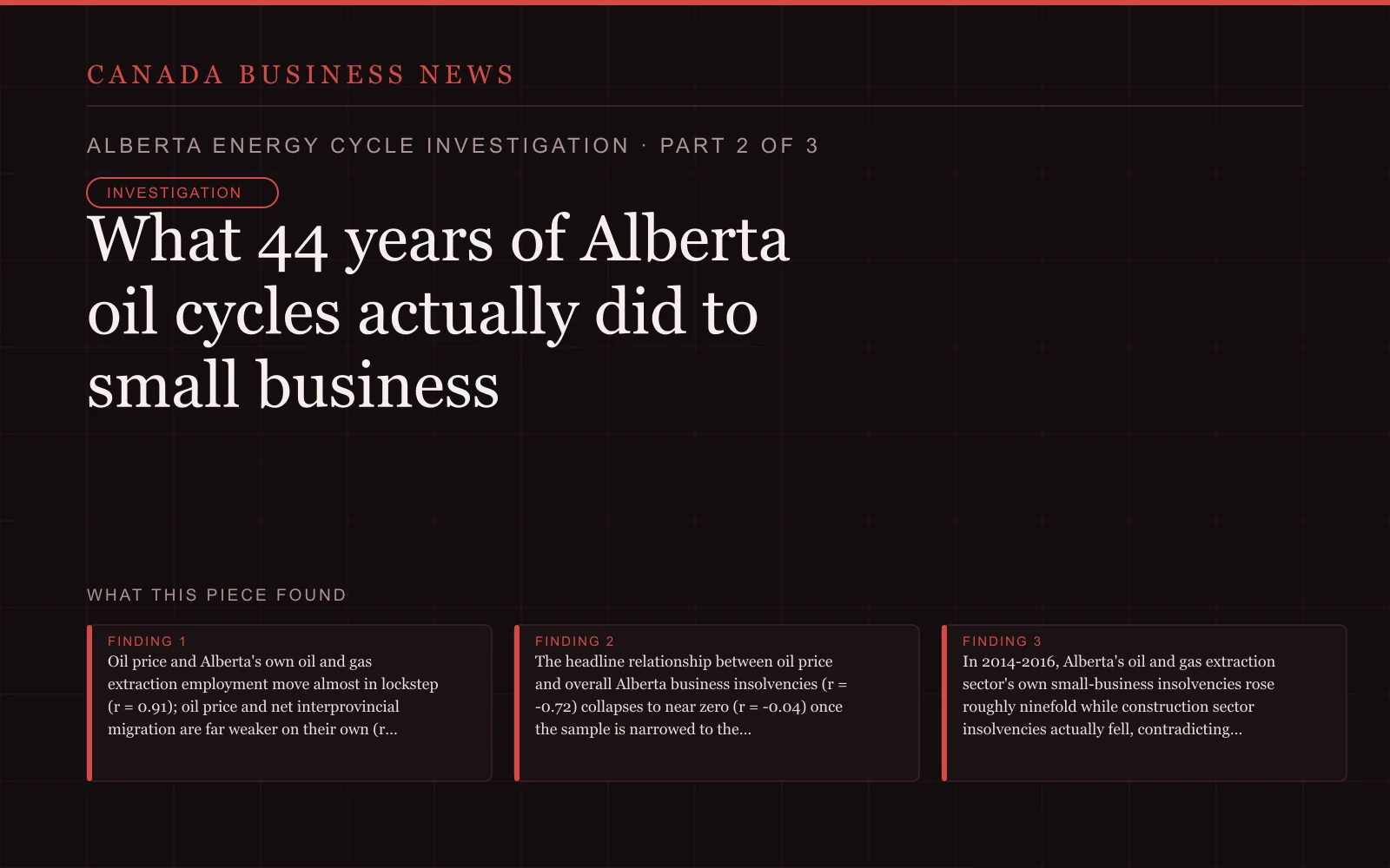 Alberta oil cycles graphic with price, employment, migration, and insolvency findings.