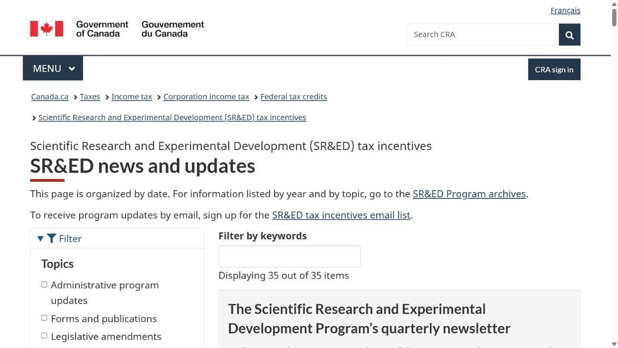 CRA SR&ED updates official portal screenshot